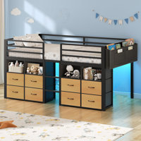 Twin Loft Bed With 8 Storage Drawers And Open Storage Shelves, Low Loft Bed Twin Size With Led Lights,stairs,metal Bed With Safety Guardrail,space Sav by Isabelle & Max