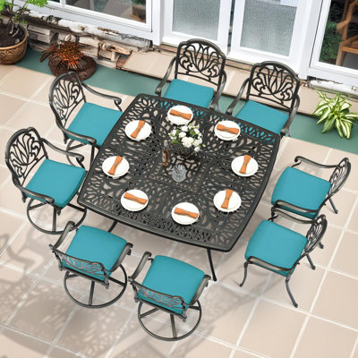 9-piece Outdoor Patio Dining Set For 8, All Weather Cast Aluminum Patio Funiture Table And Chairs Set- Large 64" Square Table, 4 Swivel Rocker Chairs by Bloomsbury Market