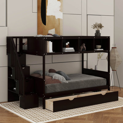 Twin Over Full Bunk Bed With Shelves, Storage Staircase And 2 Drawers by Harriet Bee