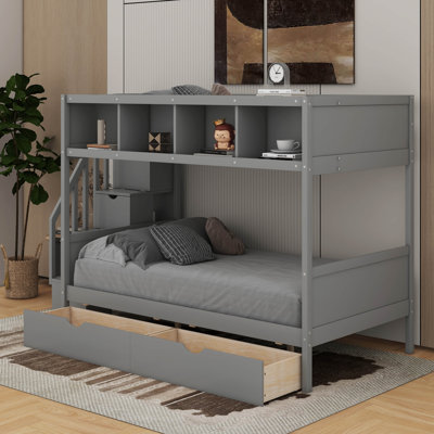 Twin Over Full Bunk Bed With Shelves, Storage Staircase And 2 Drawers by Harriet Bee