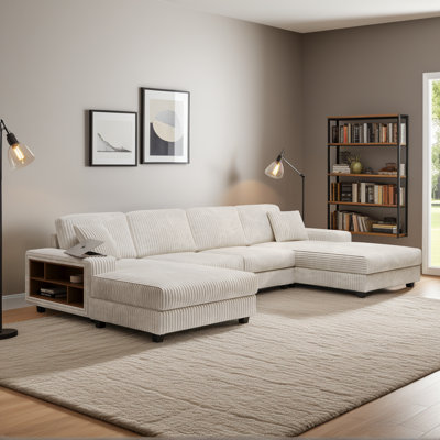 137" Corduroy Sectional Sofa 4 Piece U Shaped Oversized Modular Couch With 2 Sides Storage Shelve & Chaise Lounge Chairs, 1300lbs Capacity by Mercer41