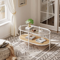 2-Tier Coffee Table, Boho Oval Coffee Table with Tempered Glass Top by Bay Isle Home