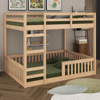 Full Over Full Wood Bunk Bed With Ladder And Guardrails, Solid Wood Bed Frame For Bedroom, Guest Room by Harriet Bee