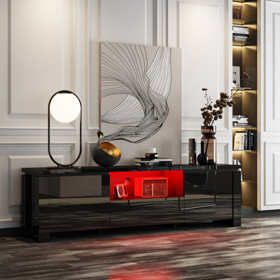 Modern High-Gloss LED TV Stand, 70.1" Entertainment Center With 3-Color LED Lights, Quiet Sliding Rails & Anti-Tipping Design, Premium MDF Constructio
