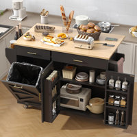 Rolling Kitchen Island With Power Outlet & Drop Leaf, Mobile Kitchen Island Cart With Tilt-Out Trash Can Storage, Spice Rack & Towel Rack And Adjustab by Ophelia & Co.