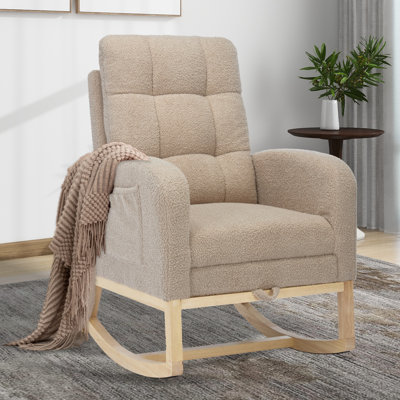 Nursery Rocking Chair with Adjustable Footrest for Living Room,Teddy Fabric Rocking Chair with Solid Wooden Legs,Comfortable Lounge Armchair with Side