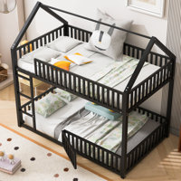 Metal Twin over Twin House Bunk Bed with Fence & Door, Space-Saving Design by Harper Orchard