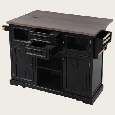Timeless Kitchen Island With Drop Leaf & Power Outlet – Versatile Kitchen Storage Cart With 4 Door Shelves, Cross Barn Doors & Visual Glass Door On Ro by August Grove