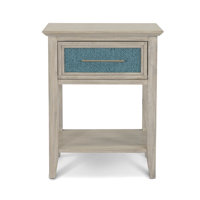 Luxurious Timeless Coastal Nightstand with Hand-Woven Ocean Blue Rope Panels, Solid Wood Mindi Construction, Integrated USB and Power Outlet, Spacious by Rosecliff Heights