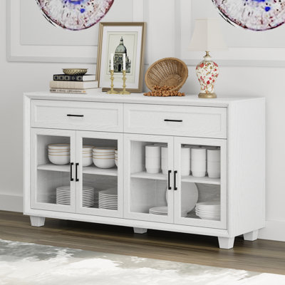 63" Wide Stylish 4-Glass Door China Cabinet With 2 Deep Drawers & Solid Wood Legs by Red Barrel Studio