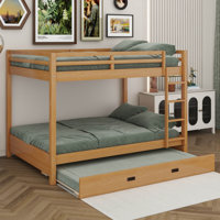 Modern Queen Over Queen Bunk Bed With Trundle, Solid Wood Bunk Bed Frame With Ladder And Guardrail For Kids Teens Adult by Harriet Bee