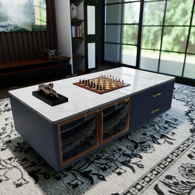 Modern Navy Blue Coffee Table With 2 Glass Door Storage, 4 Drawers, Gold Metal Legs And Multi-Color Lighting 47.2 Inch by Mercer41