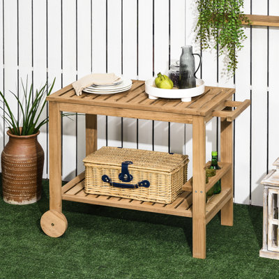 Outsunny Outdoor Bar Cart, Wood Rolling Home Bar & Serving Cart With 2 Shelves, Wine Bottle Holders For Garden, Dining Room, Natural by Millwood Pines
