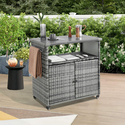 Outdoor Wicker Bar Cart, Patio Wine Serving Cart W/Wheels , Rolling Rattan Beverage Bar Counter Table For Porch Backyard Garden Poolside Party by Hokku Designs