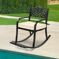 Black Iron Rocking Chair With Floral Backrest And Off-White Cushion by Lark Manor