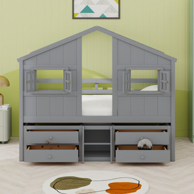 House Loft Bed With Roof, Windows,4 Storage Drawers,Guardrails,Ladder by Harper Orchard