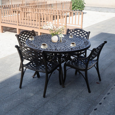 5 Piece Modern Outdoor Dining Set, Cast Aluminum Patio Table and Chairs, 48" Round Table with Umbrella Hole, Bronze by Canora Grey