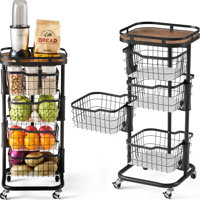 4 Tier Kitchen Vegetable Storage Cart ,Fruit Basket With Rotating Bowls, Rolling Cart On Wheels With Wire Mesh Basket,(Black & Rustic) by Rebrilliant