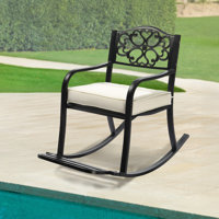 Black Iron Rocking Chair With Floral Backrest And Off-White Cushion by Winston Porter