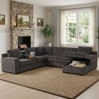 119.5" Convertible Modular Sectional Sofa Bed 2-In-1 Oversized Chenille Pull-Out Sleeper Couch With Console Armrest & USB Charging & Cup Holder & Stor