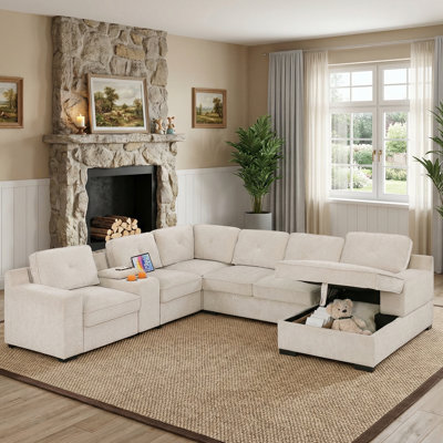 119.5" Convertible Modular Sectional Sofa Bed 2-In-1 Oversized Chenille Pull-Out Sleeper Couch With Console Armrest & USB Charging & Cup Holder & Stor by Latitude Run