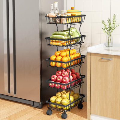 Fruit Basket Kitchen Pantry Organizers And Storage,5 Tier Stackable Metal Wire Basket Stand,(Black) by 17 Stories