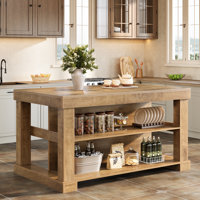 Kitchen Island With Storage Shelves, 55 Inch Kitchen Shelf With Large Worktop, Stable Wooden Structure, Farmhouse Style by Millwood Pines