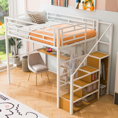 Full Size Metal Loft Bed With Wardrobe, Desk, Storage Shelves by Trule