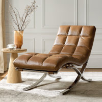 Estevan Classic Midcentury Modern Genuine Leather Chaise Lounge Chair with Channel Tufted by Wrought Studio