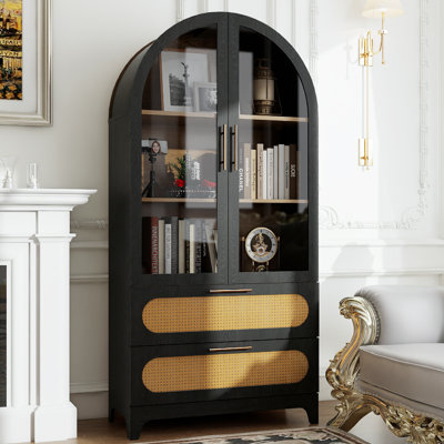 Arched Wood Storage Cabinet With Rattan Doors, 3-Tier Freestanding Display Shelf With Hidden Storage by Bay Isle Home