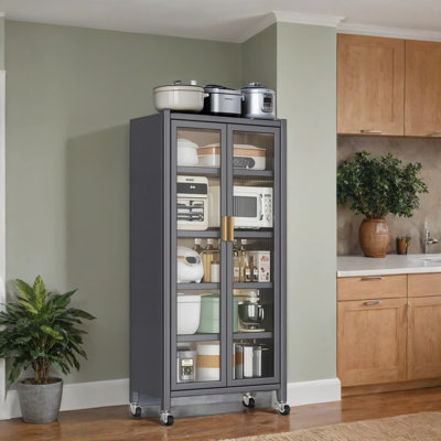 Metal 5-Tier 64" Kitchen Pantry Cabinet with Wheels and Transparent Flap Doors