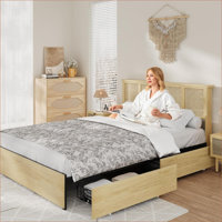 Bed Frame with Natural Rattan Headboard, Strong Wooden Slats, Sturdy Platform, Bohemian Cane Mattress Support, No Box Spring Needed, Combining Style a by Bay Isle Home