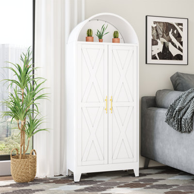 73"H Metal Tall Arched Kitchen Pantry Cabinet, Modern Farmhouse China Storage Cabinets With 2 Door And Adjustable Shelves, Versatile Cupboard For Kitc
