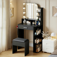 Jaseria Makeup Vanity Set with LED Lighted Mirror & Power Outlet, Vanity Table with 6 Storage Shelves for Bedroom by Ebern Designs