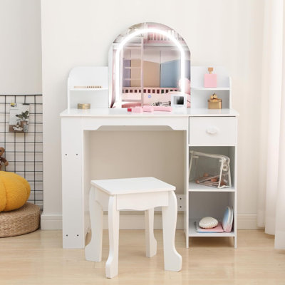 Kids Vanity Set with Lighted Mirror and Stool, 2-in-1 Makeup Table with Drawer, for Ages 3–9 by Red Barrel Studio