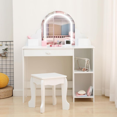 Kids Vanity Set with Lighted Mirror and Stool, Adjustable LED Lights