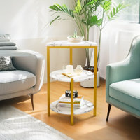 Living Room 3-tier Coffee Storage Shelves, Modern Coffee Side Table With Mdf Broad & Metal Frame, Industrial Faux Marble End Table For Bedroom, Living by Mercer41