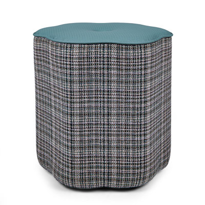 16.5" Wide Scalloped Flower-Shaped Ottoman with Embossed Faux Leather Top and Linen Blend Sides by Harriet Bee