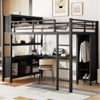Metal Loft Bed with Wardrobe, L-Shaped Desk and Storage Shelves, Heavy Duty Loft Bed for Teens & Adults by Harriet Bee