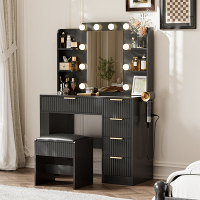 37" Fluted Makeup Vanity Desk With LED Lighted Mirror & Charging Station, Large Modern Dressing Table With 5 Drawers, Adjustable Shelves, Glass Tablet by Latitude Run