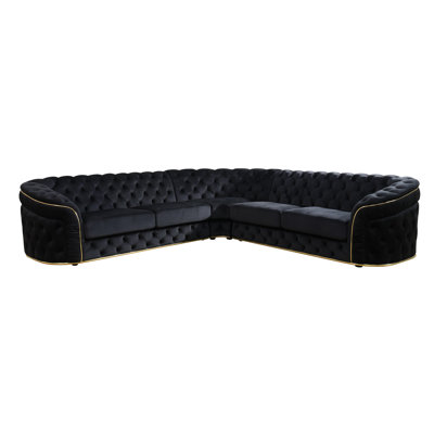 3-Piece Button Tufted Black Flannel Upholstered Sectional by House of Hampton