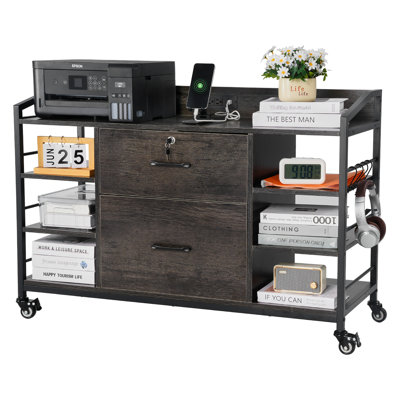2 Drawers Metal File Cabinet with 6 Open Shelves and Power Strip by 17 Stories