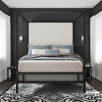 Luxury Canopy Bed – Metal Frame with Linen Headboard, Box Spring Required