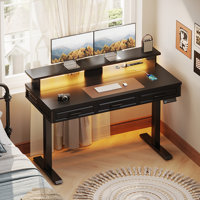 Standing Desk With Power Outlets And Led Stripe, Electric Standing Desk With Three Wooden Drawers, Adjustable Height Standing Desk With Monitor Stand by Inbox Zero