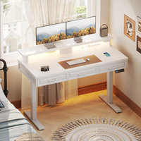 Standing Desk With Power Outlets And Led Stripe, Electric Standing Desk With Three Wooden Drawers, Adjustable Height Standing Desk With Monitor Stand by Inbox Zero