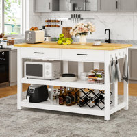 47.3" Solid Rubberwood Kitchen Island with Power Outlets - Extra Large Work Surface, 2 Drawers & Open Shelves Storage Cabinet for Kitchen Dining Room, by Ebern Designs