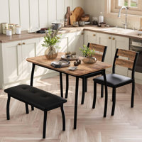Dining Table Set for 4, Sturdy Wooden Kitchen Table with Chamfer Design and Metal legs, Upholstered Bench by Ebern Designs