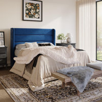 Modern Velvet Upholstered Platform Bed With Wooden Slats Wingback Headboard Included