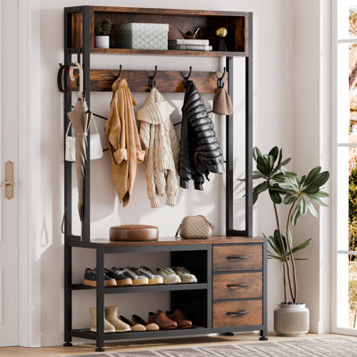 5-in-1 Entryway Bench Coat Rack with 12 Hooks and 3 Drawers by 17 Stories