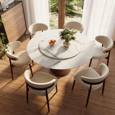Round Dining Elegant Sintered Stone Table Set With Rotating Lazy Susan And 6 Upholstered PU Chairs For 4-8 by Corrigan Studio